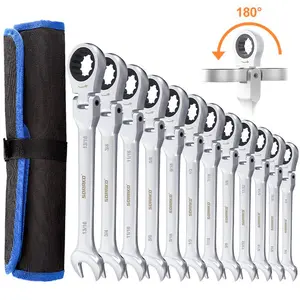 SORAKO 12 Piece SAE Combination Ratchet Wrench Kit 1/4" - 13/16" Chrome Vanadium Steel Wrenches Flex Head Precise No Slipping 180° Rotation Roll Pouch