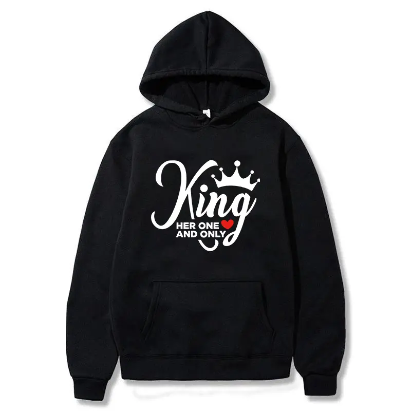 King & Queen Matching Couple Hoodies – Black Pullover Set with Romantic “His Queen” & “Her King” Prints, Trendy Streetwear for Lovebirds, Anniversary & Valentine’s Day Gifts Casual Menswear