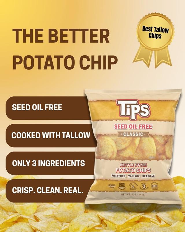 TIPS Seed Oil Free Classic Kettle-Style Potato Chips Gluten Free Non GMO Tallow Sea Salt Snack Foods