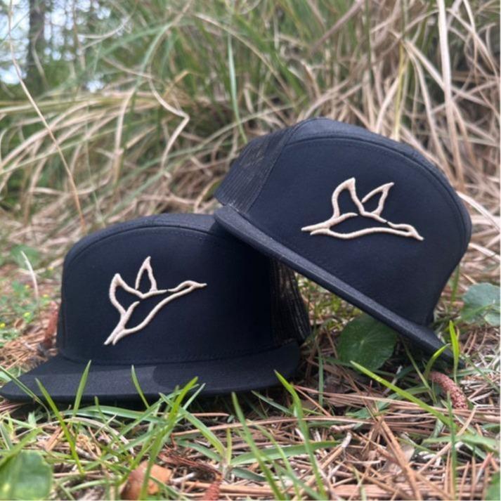 CBW Duck Icon Flying 7 Panel Brown/Khaiki White Black Camo Snapback Trucker Hat, Embroidered Hunting Hat, Cotton Mesh Back