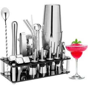 Cocktail Shaker Set, 23-Piece Stainless Bartender Kit with Acrylic Stand & Cocktail Recipes Booklet, Bar for Drink Mixing, Home, Bar, (Include 4 Whiskey Stones)