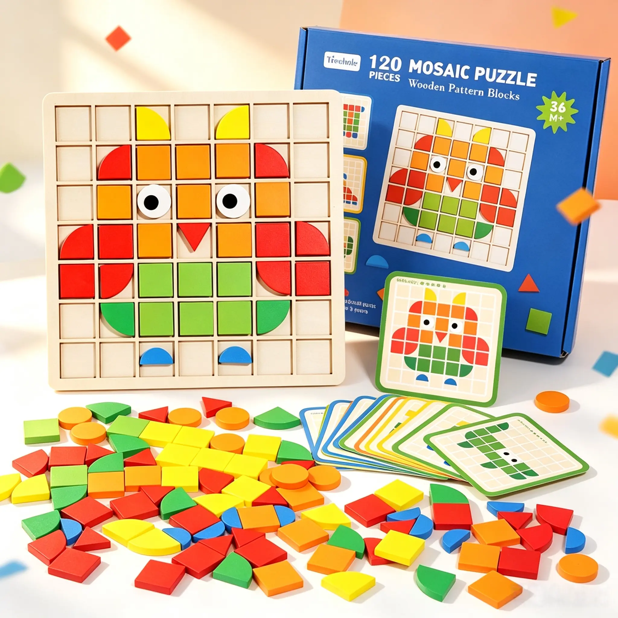 120PCS Wooden Mosaic Puzzle, Colorful Shape Blocks Set with Design Cards, Geometric Matching Learning Toy for Kids, Preschool Educational Activity