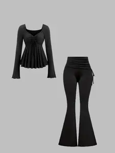 Fashionable and versatile women's suit, top Long Sleeve wavy hem chest drawstring and high-waisted bell-bottom pants