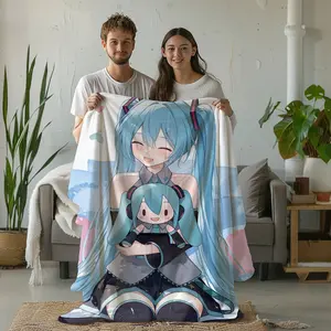 Ultra Soft Smiling Hatsune Miku Hugging Plush Fleece Throw Blanket - Warm Cozy Pastel Blue Flannel Blanket for Couch Bed - Perfect Birthday Christmas Gift for Anime Lovers