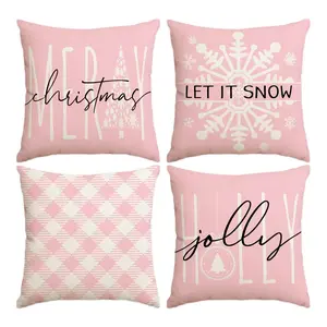 4pcs pink Christmas pillowcase, white Christmas tree snowflake pattern cushion cover, set of 4 18x18 inches, single-sided printed pink and white checkered pillow cover, winter Christmas decoration, Replacement Cushion Cover (without pillow core)
