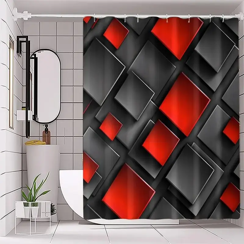 1/4pc geometric pattern bathroom accessories, Restroom bathroom accessories, shower curtain set, including shower curtain, toilet seat cover, rectangular mat, and U-shaped mat, perfect for bathroom decoration, includes 12 shower curtain hooks