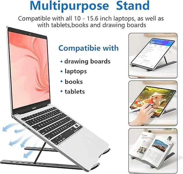 Aluminum Metal Laptop Stand with Airflow, Adjustable Foldable Desk Holder - 7 Angles Max (15°-45°), Strong Stable, Portable, Anti-Slip Pads for Grip, Wide Compatibility for Home/Office, Supports 10 to 15.6 Inch Laptops, Manual, Compact Bag