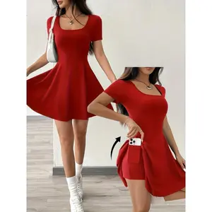Chic Love Women's Pink Short Sleeve Dress - Casual Comfort Fit for Home & Fitness Summer Style Chic Fashionable Breathable Fabric Square Neck Plain Pattern Womenswear Piece Aesthetics