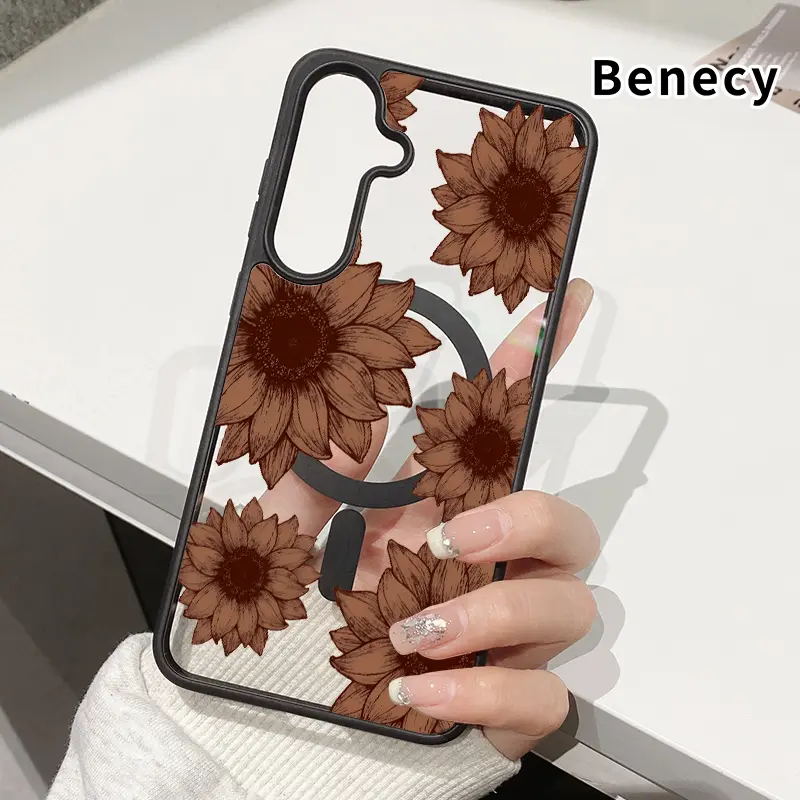 Magnetic Smartphone Case for Samsung Galaxy S22+ FE, S23 Ultra, S24 Plus, S25 Edge - Transparent Acrylic, Sunflower Sketch Trio, Non-Slip, Pocket-Friendly, Handheld Wireless Devices Protection Cover (Gift Option), Casing