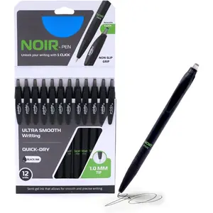 Noir Retractable Pens, Fine Precision Tip, Semi-Gel Black Ink, Smooth Controlled Writing, Non-Slip Grip, Quick-Dry, 12 Pack