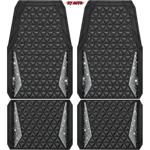 Full Set Black Silver Bling Diamond Rubber Car Floor Mats, Anti-Slip 3D Rhombus Waterproof Trim to Fit Liner, Universal Glitter Crystal Sparkly Shining Rhinestone Car Mats for Girl Women SUV Sedan Van