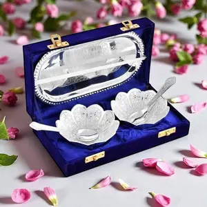 Elegant Silver Plated German Silver 5-Piece Tray & Bowls Set with Mini Spoon in Velvet Box for Graduation EID Diwali Home Decor House Warming Gift Tableware Cutlery Antique Birthday Wedding Anniversary