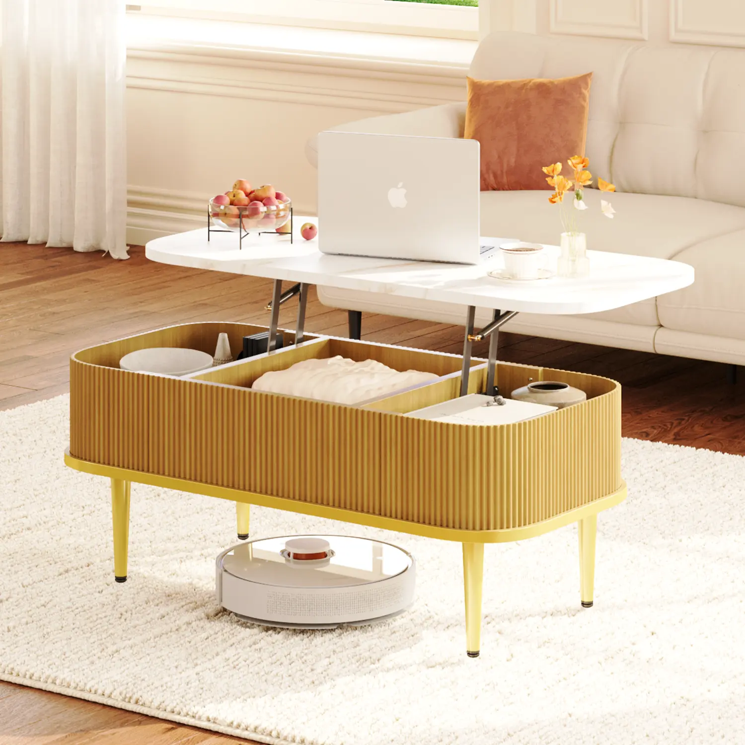 Rectangle Coffee Tables for Living Room, Modern Fluted Coffee Table with Storage, Small Walnut Coffee Table, Oval Center Table with Flip-Top,
