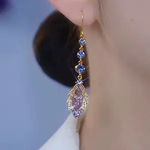 LisiZen Purple Leaf Tassel Earrings 14K Gold Plated Long Chain Drop Design with Sparkling Crystals, Chic Elegant Statement Jewelry Fashion Earrings DZEH3471