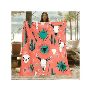 Vibrant Bohemian Western Coral Pink Throw Blanket with Cow Skulls, Cacti, Arrows & Sun Motifs