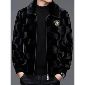 Men's Luxury Faux Mink Jacket - Stylish Lapel, Thick & Warm Winter Coat With Zip Closure Tops Long Sleeve Casual Black Fabric Fur