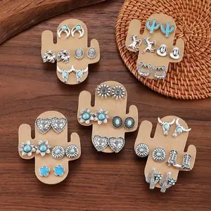 Western Style Stud Earrings Set - Vintage Turquoise Bull Skull, Flower, Horseshoes, Cactus, Heart, Cowboy Boot Designs for Daily Wear, Gift for Her