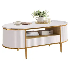 Modern Luxury Fluted Coffee Table, 47.24" Oval Coffee Table with Sliding Drawers and Gold Metal Legs, Minimalist Tea Table Multifunctional Center Table for Living Room, Home Office