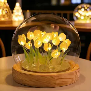 Handmade DIY Yellow Tulips Night Light Small Glass Flower Lamp with Wooden Base Romantic Home Decor Gift for Women Birthday Christmas Gift for Girlfriend Wife Mom Sister Grandma