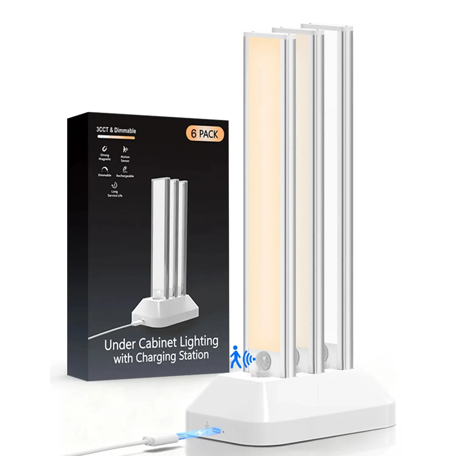 MATULSA 3-Pcs Under Cabinet Motion Sensor Lights, 8/10/12/14in Cordless Rechargeable USB Lamps with Charging Station, ABS-Aluminium Build, 3 Color Temperatures (Incl. Cool White Light), for Kitchen Home Improvement Under Cabinet Use