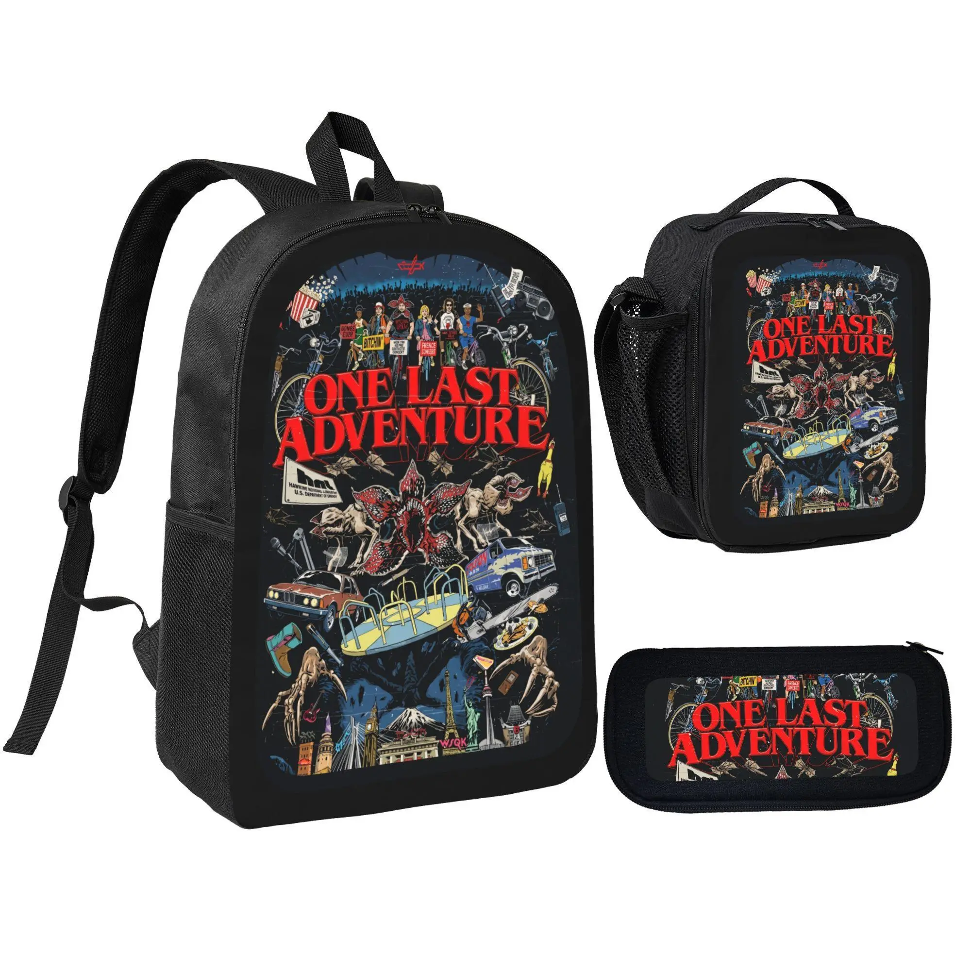 Stranger Things One Last Adventure 3 In 1 Backpack Set, Polyester Large Capacity Bookbag With Lunch Bag And Pencil Case, Lightweight Portable Travel Daypack, Retro Movie Poster Print Daily Use Backpack Gift