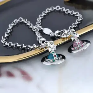 Y2K Style Queen Mother West Little Saturn Pearl LovePin3D Planet Bracelet Titanium Alloy 18cm Chain 10mm Sphere Stackable Clavicle Chain for Daily Wear & Parties