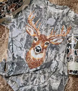 Camo Faux Rhinestone Deer T-Shirt Cotton Top Tshirt