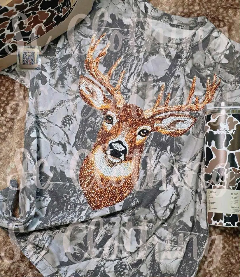 Camo Faux Rhinestone Deer T-Shirt Cotton Top Tshirt