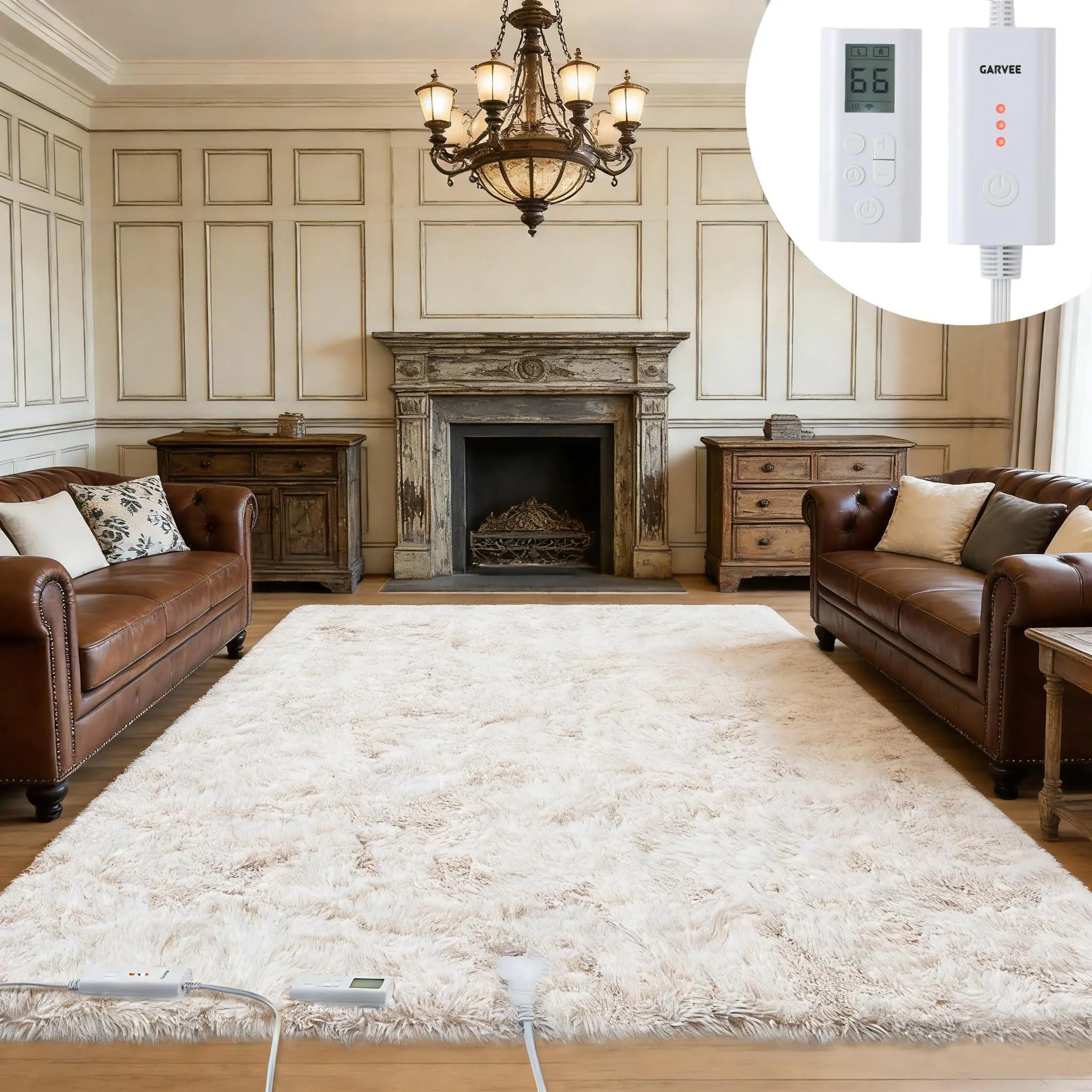 GARVEE Wireless Heated Floor Mat 5x7, Electric Heated Rug with 6 Heat Settings & 2-10H Timer, Soft Plush Heating Mat Carpet Foot Warmer for Living Room Bedroom Office Game Room, Cream