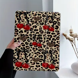 Leopard cherry bow pattern with adjustable stand and pen slot, foldable anti slip TPU protective case, suitable for Samsung, iPad mini, iPad Air, iPad Pro/iPad 10th generation, 11th generation and other series of iPad protective cases