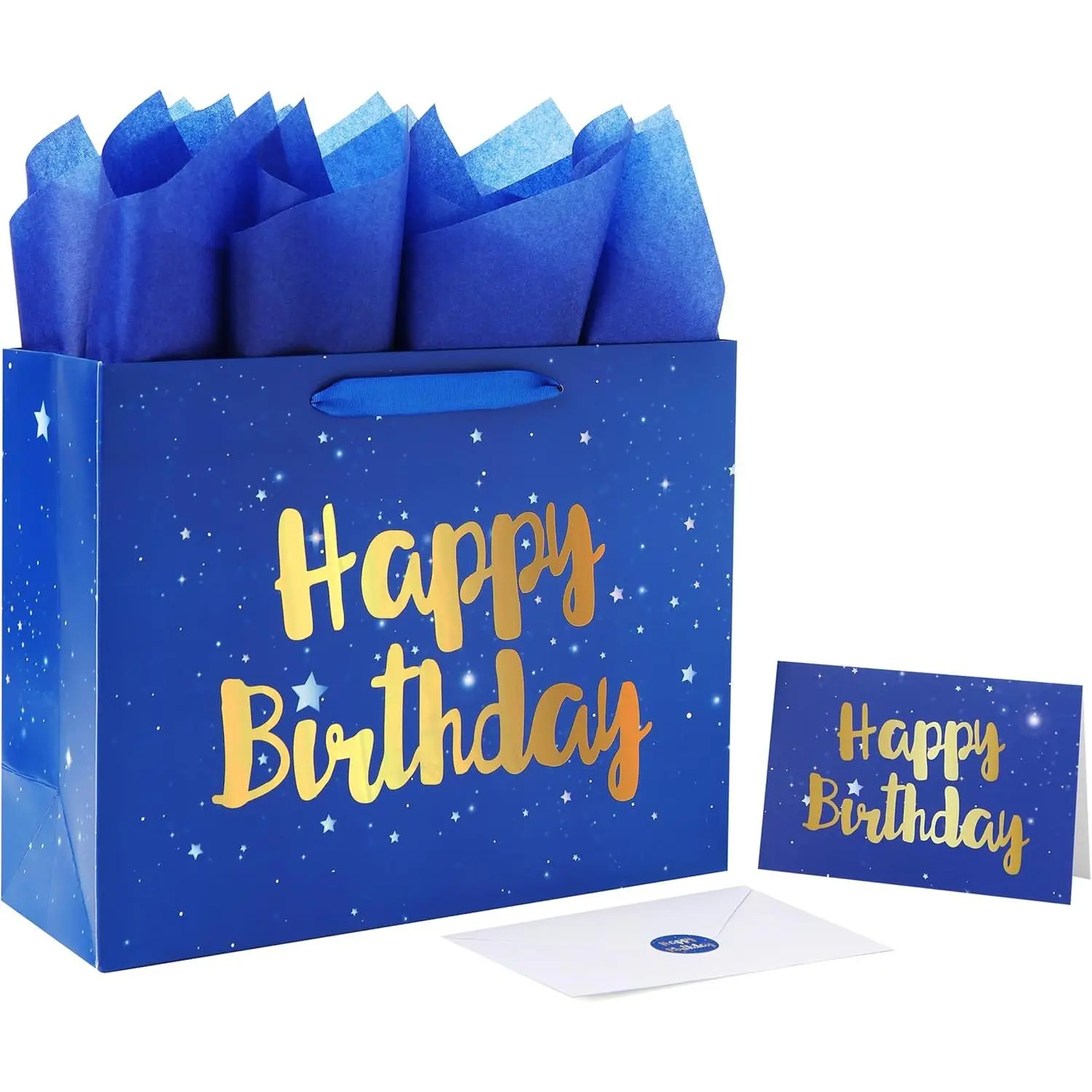 13" Large Blue  Bag Set with Greeting Card and Tissue Papers (Stars and  Foil'Happy Birthday') for Men's or Boys, Girls or ,  Shower