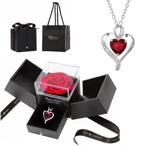 Preserved Dark Pink Real Rose with Heart I Love You Necklace -Eternal Flowers Rose Birthday Gifts for Her Mom Wife Girlfriend Grandma on Valentines Mothers Day Christmas Anniversary Romantic