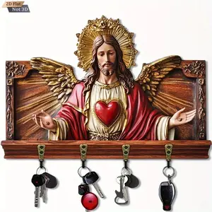 Vintage Sacred Heart Key Holder for Wall Wooden Religious Decor with 4 Metal Hooks Faith-Inspired Home Organizer for Entryway, Hallway & Living Room Stylish Functional Decor (11.8 x 4.8 in)