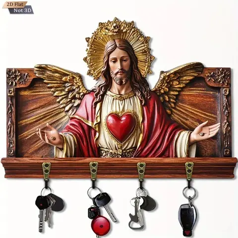 Vintage Sacred Heart Key Holder for Wall Wooden Religious Decor with 4 Metal Hooks Faith-Inspired Home Organizer for Entryway, Hallway & Living Room Stylish Functional Decor (11.8 x 4.8 in)