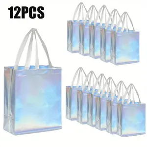 12PCS Iridescent Glossy Gift Bags,8x4x10inch Non-woven Reusable Gift Bags in Bulk, Black Handle and Solid Base, Suitable for Birthday, Wedding, Easter, Holiday Party Christmas Gift Bags