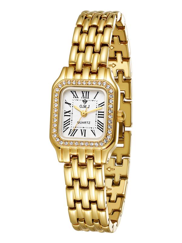 O.M.J G084 Women's Classic Gold-Toned Rhinestone Square Dial Quartz Analog Watch, 30mm, Crystal Bezel, Roman Numerals, Steel Buckle Strap, <30M Waterproof, 12-Month Service, Versatile for Any Occasion