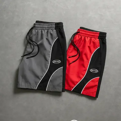 Men's Loose-Fit Breathable Lightweight Polyester Athletic Workout Shorts - Color-Block Casual Performance Style, Elastic Polyester Waistband with Drawstring, Knee-Above Fitness Bottoms for Gym, Running, Machine Washable