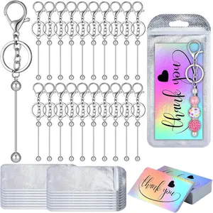 60 Pcs Beadable Keychain Bars Set 20 Beaded Keychain 20 Resealable Pouch Bag 20 Thank You Cards for DIY Craft Making(Silver)