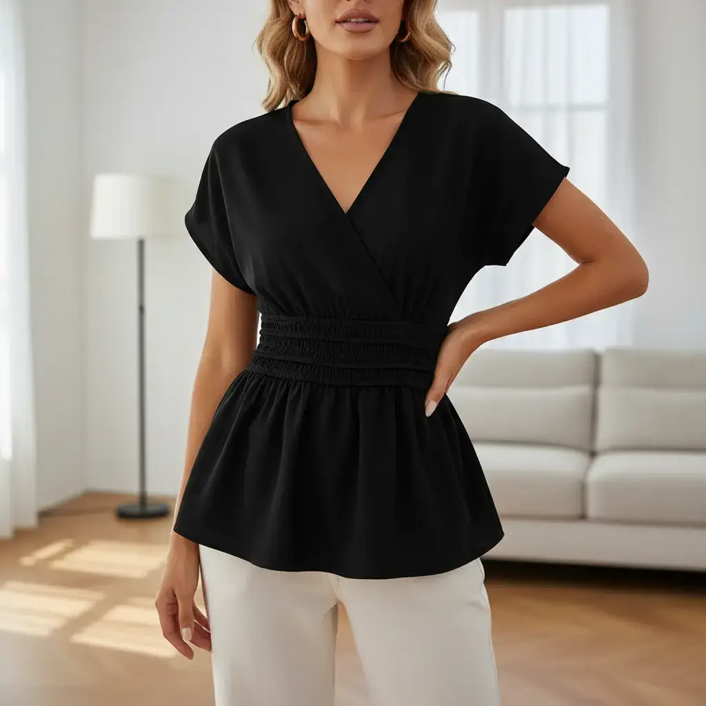 Womens Cap Sleeve V Neck Cinched Waist Business Casual Peplum Tops | Elegant Dressy Tops,Date Night,Going Out Outfits,Flowy Blouse,Smocked Ruched Waist Shirts,Trendy Teacher Outfits