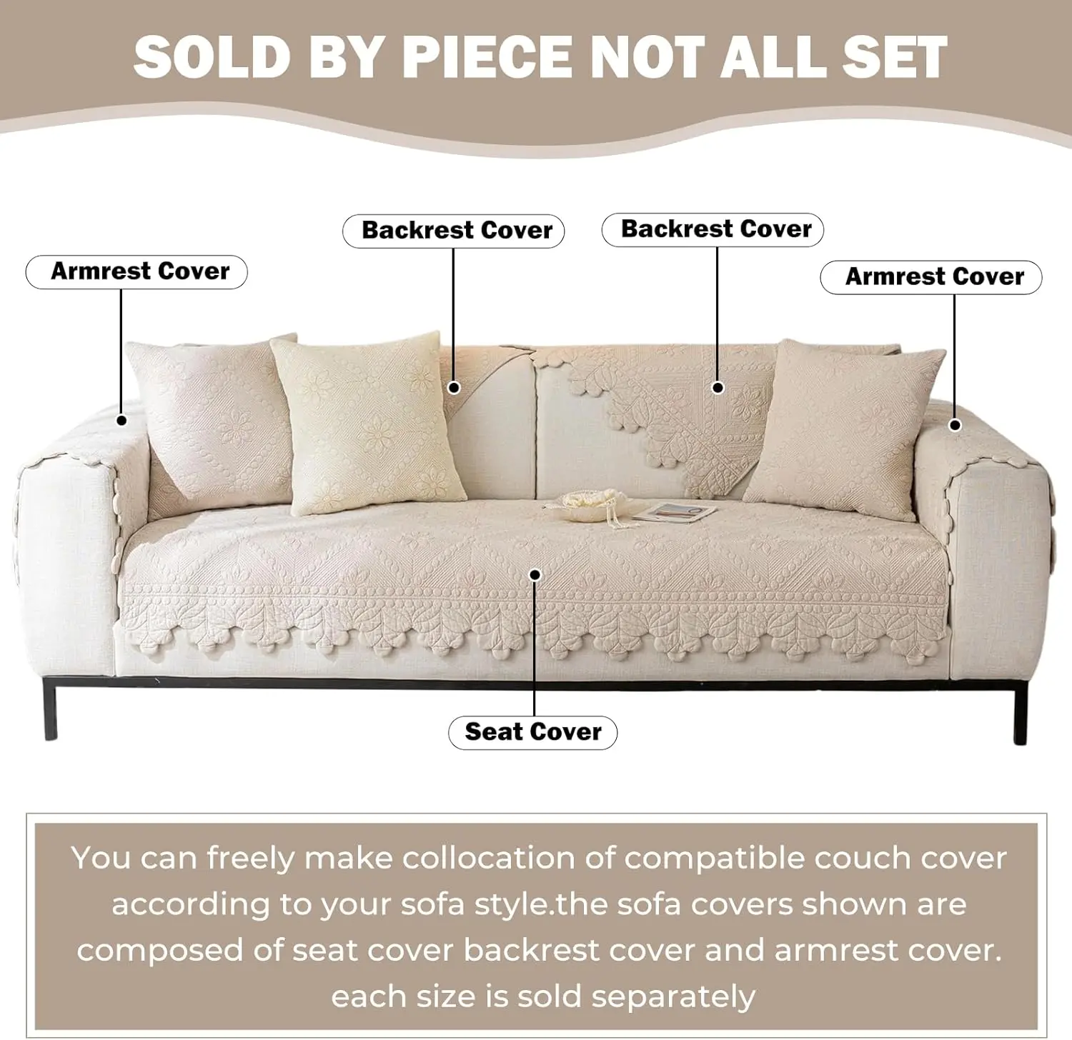 Cotton Quilted Dog Couch Cover for Sofa Farmhouse Rustic Embroidery Sectional Couch Cover Soft Anti-Slip Sofa Slipcover Furniture Protector for Kids, Pets (Khaki,28"x70")