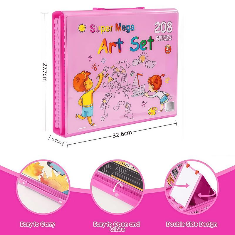 208 PCS Art Supplies, Drawing Art Kit for Kids, Art Set with Double Sided Trifold Easel, Oil Pastels, Crayons, Colored Pencils, Watercolor Pens Gift for Girls and Boys, Pink