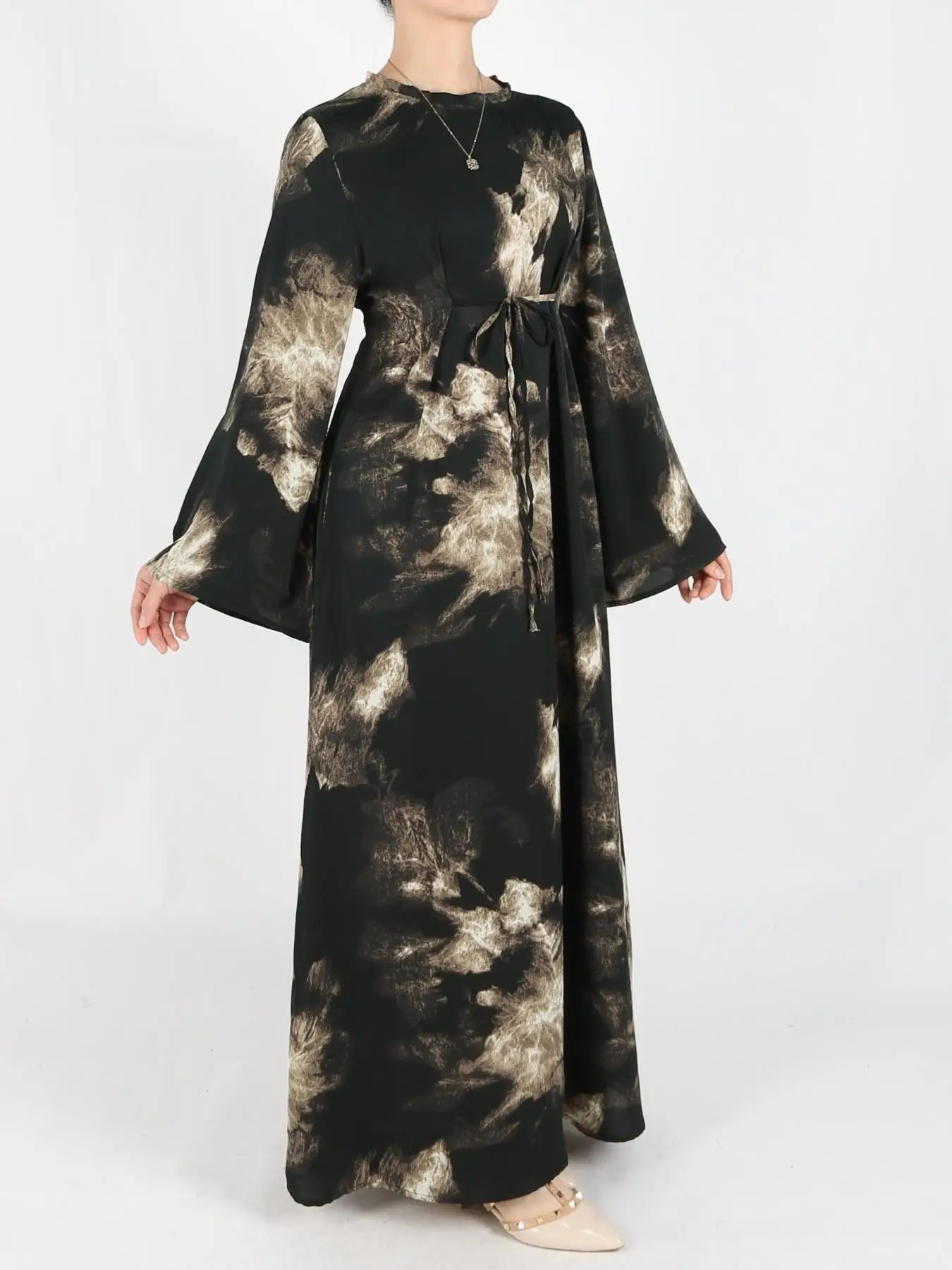 Women's Tie Side Zipper Back Dress, Elegant Long Sleeve Abaya Dress for Daily Wear, Ladies Islamic Clothing for All Seasons