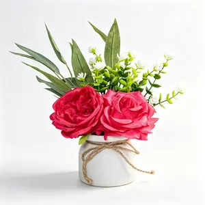 Artificial Rose and Eucalyptus Potted Plant, Artificial Flowers with Gypsophila in A White Pot, Low-maintenance Table Centrepiece, Home Décor for Bedrooms and Dining Rooms, Office Desk Ornament