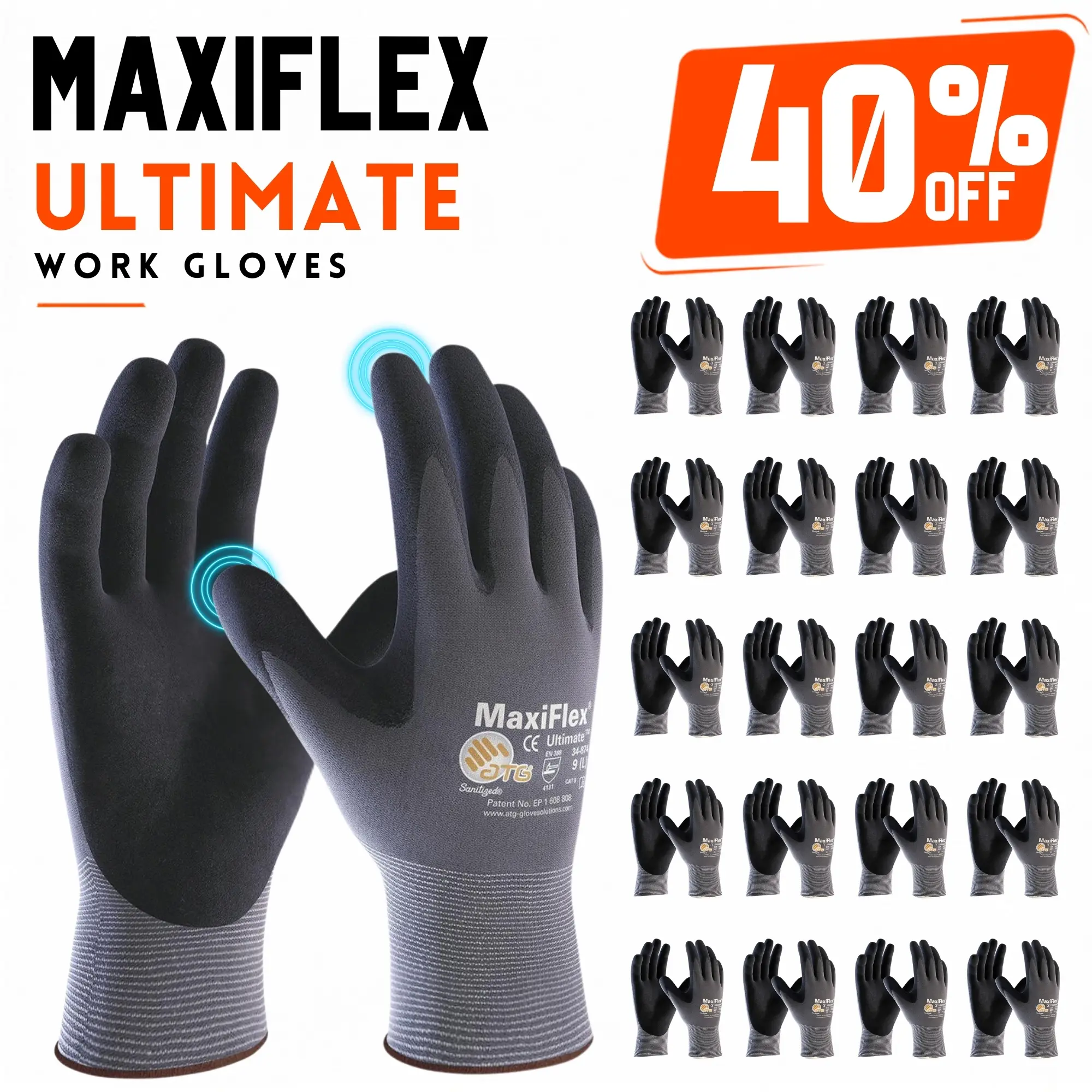 6 - 12 - 24 Pairs MaxiFlex Safety Gloves - Nitrile Micro Foam Grip Palm & Fingers, Breathable Liner, Abrasion Resistance, Work Gloves With Grip For Cleaning, Construction Tasks, Multi Purpose