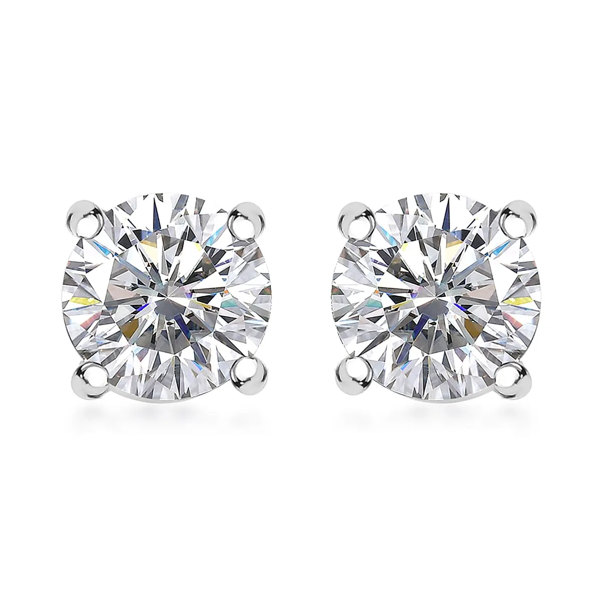 100 Facets Moissanite Solitaire Stud Earrings in Rhodium Over Sterling Silver 1.25 ctw