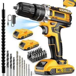 Outdoorfun 36V Cordless Drill Set with 29Pcs Accessories 3/8 Inch Keyless Chuck 2 Speed 45Nm Torque 2 Batteries Fast Charger for Home DIY Repair