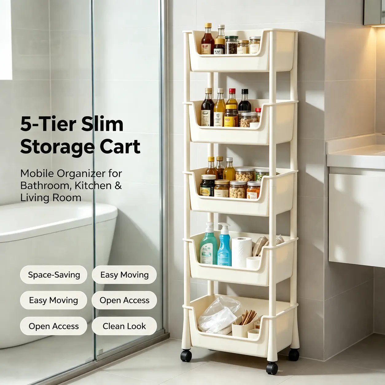 5-Tier Slim Rolling Storage Cart, Movable Multi-layer Organizer Rack, Open Storage Shelving Unit for Kitchen, Bathroom, Bedroom and Playroom