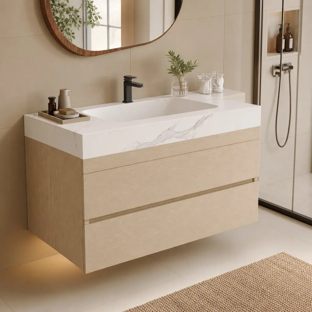 29.9" Modern Floating Bathroom Vanity Wall-Mounted Cabinet with Sintered Stone Top and Ceramic Undermount Sink, Soft-Close Drawers, Bronze Gold Handles, for Small Bathrooms, Apartments, Powder Rooms, White Wood Finish, White/Wood Color Options