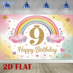 1pc 2D Flat Banner, Background Banner with a Fresh Rainbow Theme for a 9Th Birthday, Suitable for Wall Decoration for Indoor And Outdoor Celebrationsa Perfect Gift, High Definition Photography Background, Durable Po
