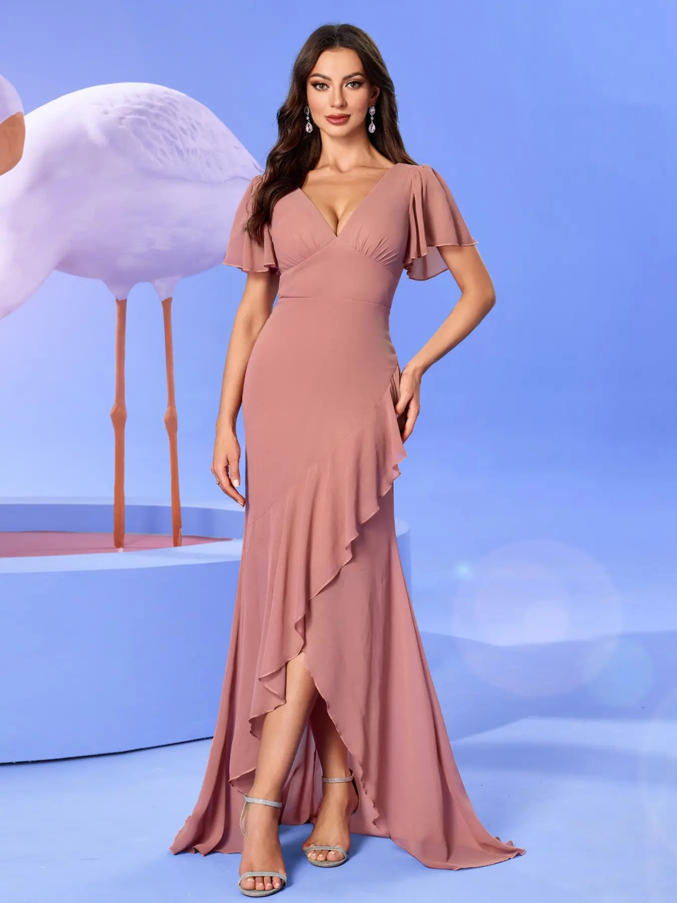 Elegant V Neck Chiffon Bridesmaid Dress with Flared Sleeves, Ruffled Hem and Unique Asymmetrical Design for Special Occasions